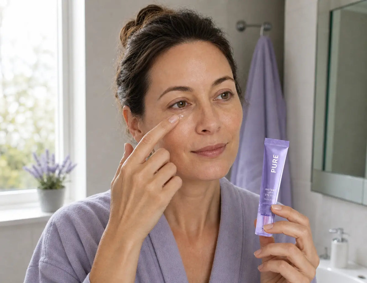 Authentic real-use beauty application photography, 13:10. A woman around 40 in a real, uncluttered b