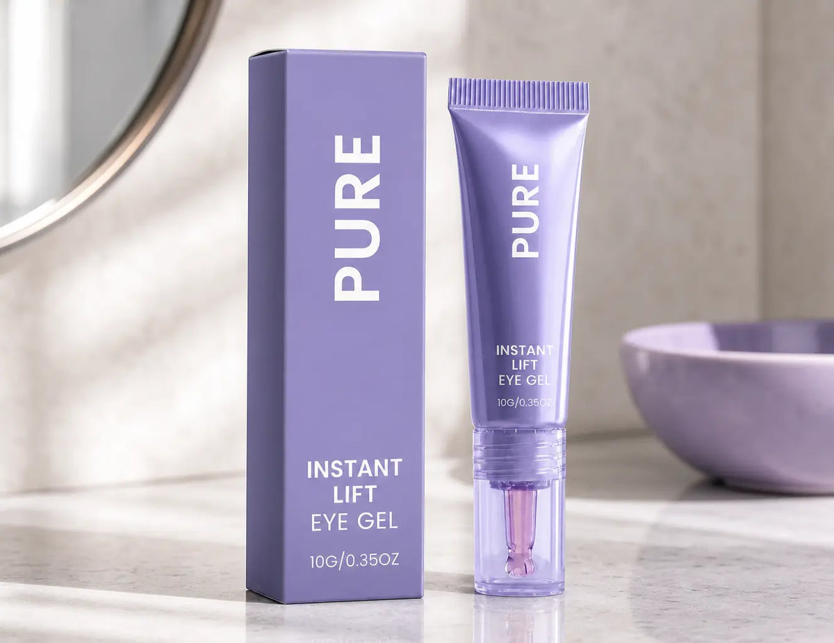 Immersive premium product portrait, 13:10. Place the exact sourced PURE Instant Lift Eye Gel tube an