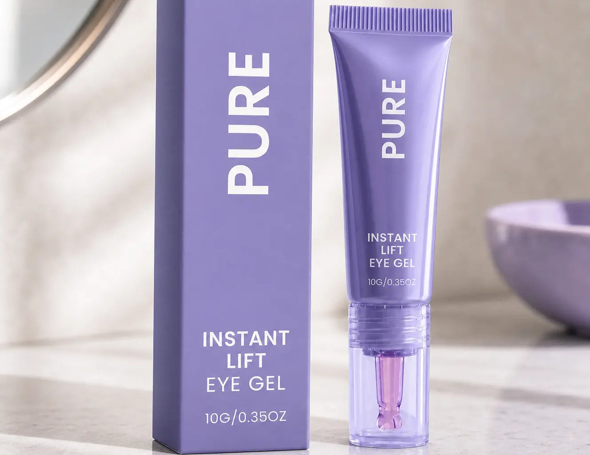 Create a controlled close editorial crop from the preceding product-world image. Keep the same PURE