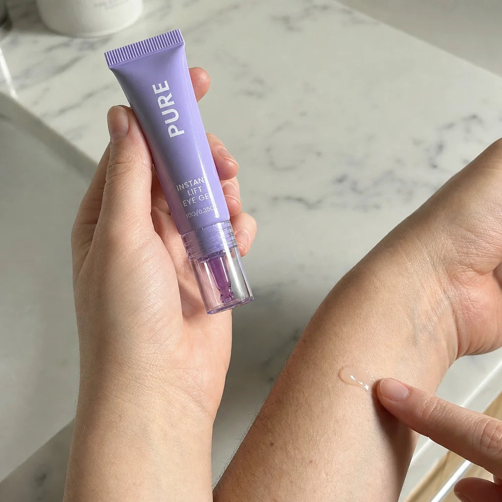 Square documentary beauty-use photograph demonstrating a cautious first-use test on a small discreet