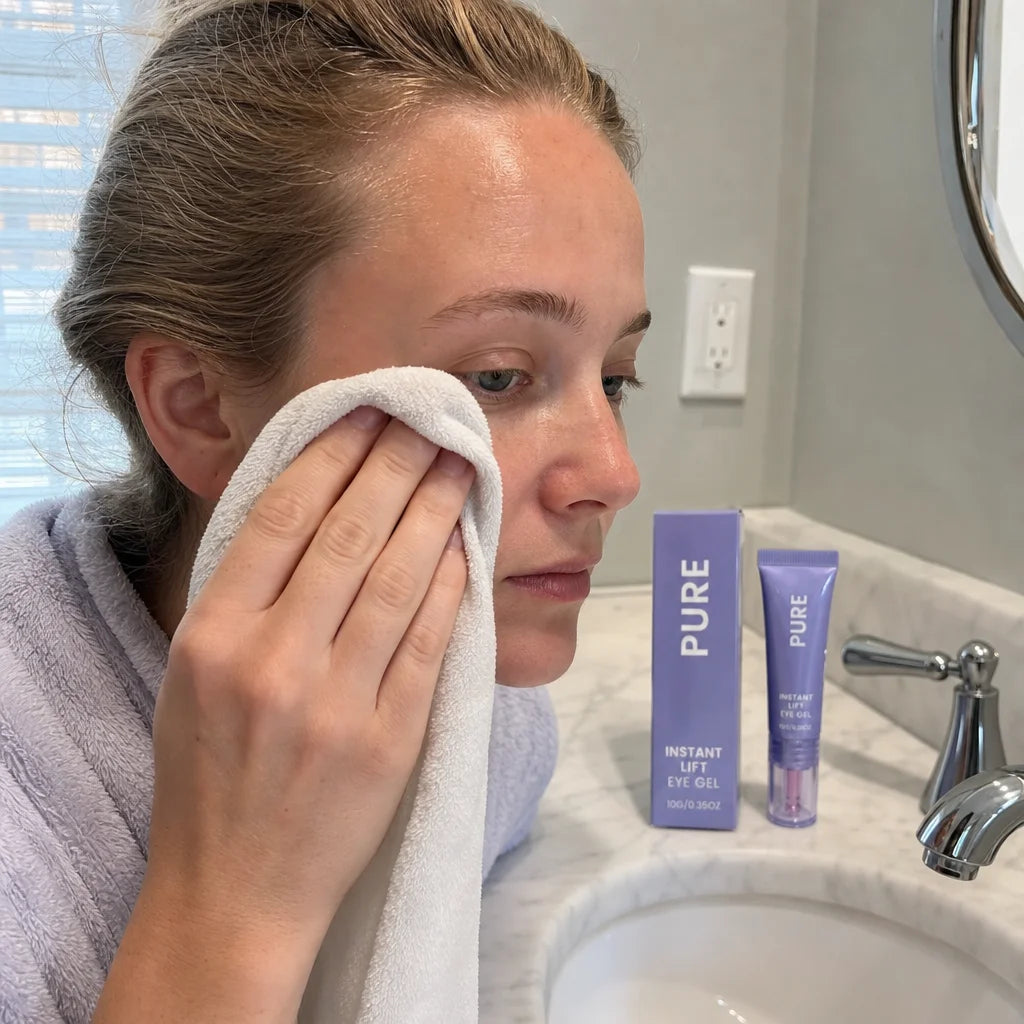 Square documentary routine photograph showing the preparation action before applying the eye gel. A