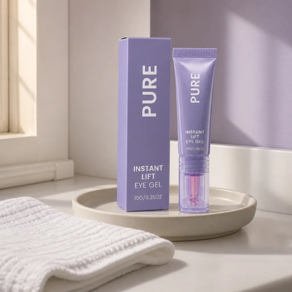 Immersive premium product portrait for a square image, placing the exact PURE tube and matching box