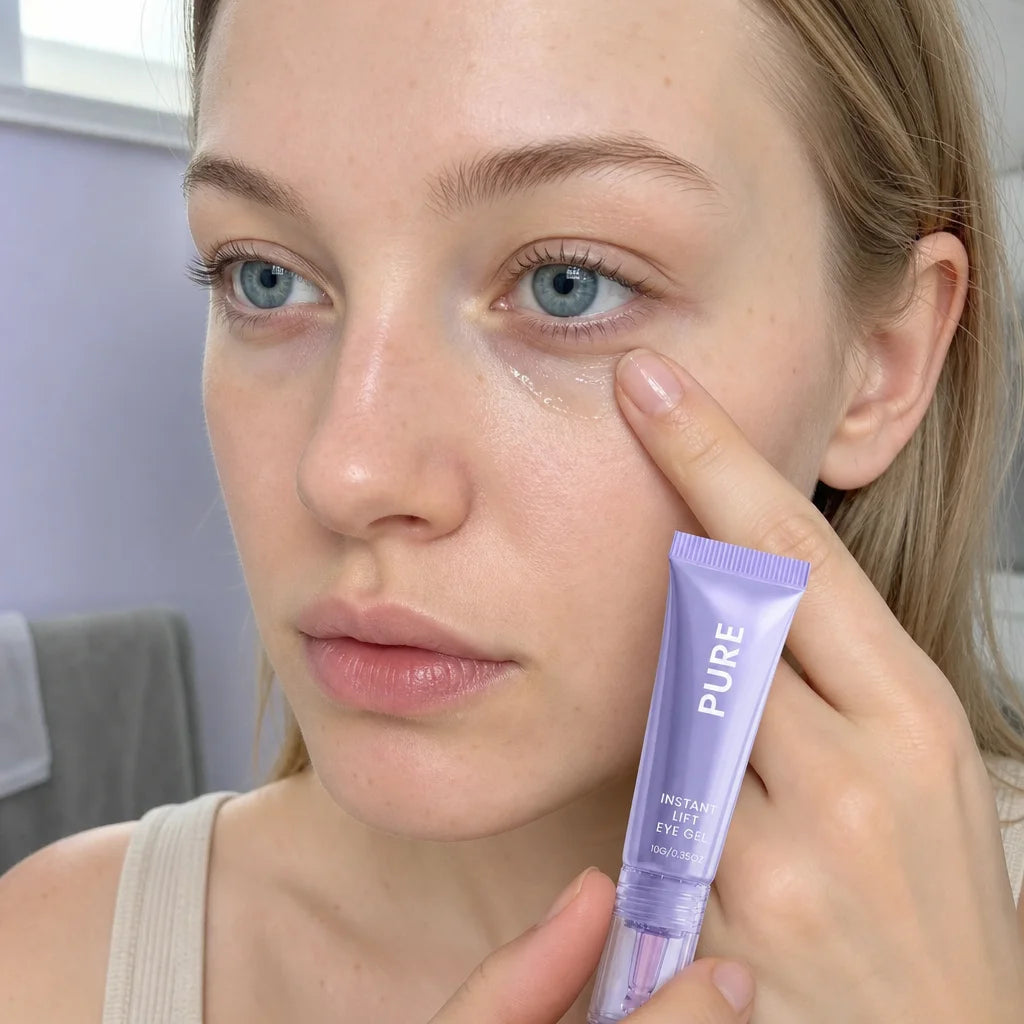 Square close-range beauty application photograph showing one precise gesture. A realistic fingertip
