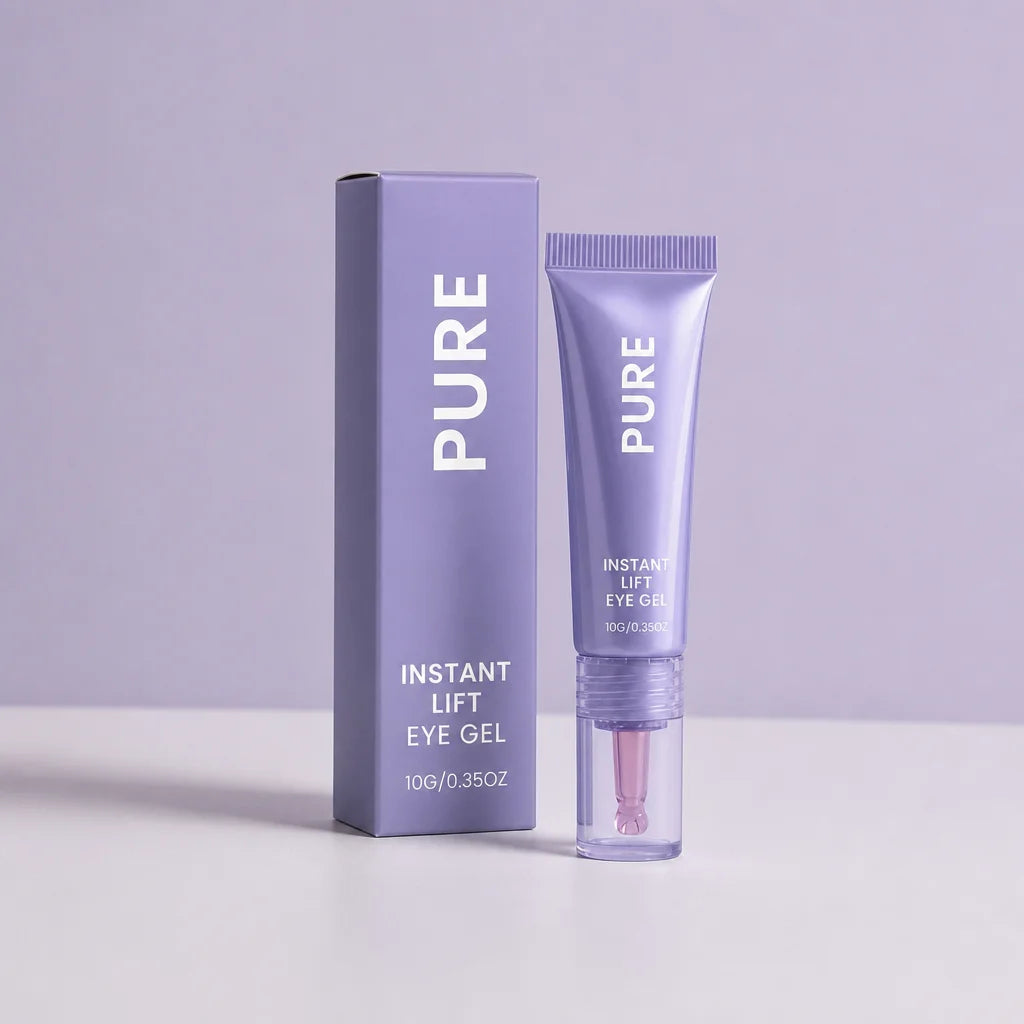 Three-quarter product-proof photograph in a 1:1 frame. Show the exact PURE Eye Contour Gel tube stan