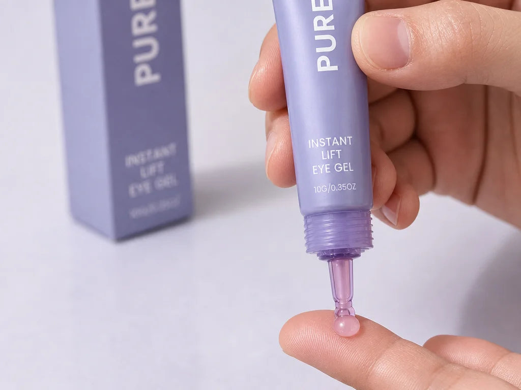 Close-range product-detail photograph in a 4:3 frame showing the exact PURE tube's real applicator a