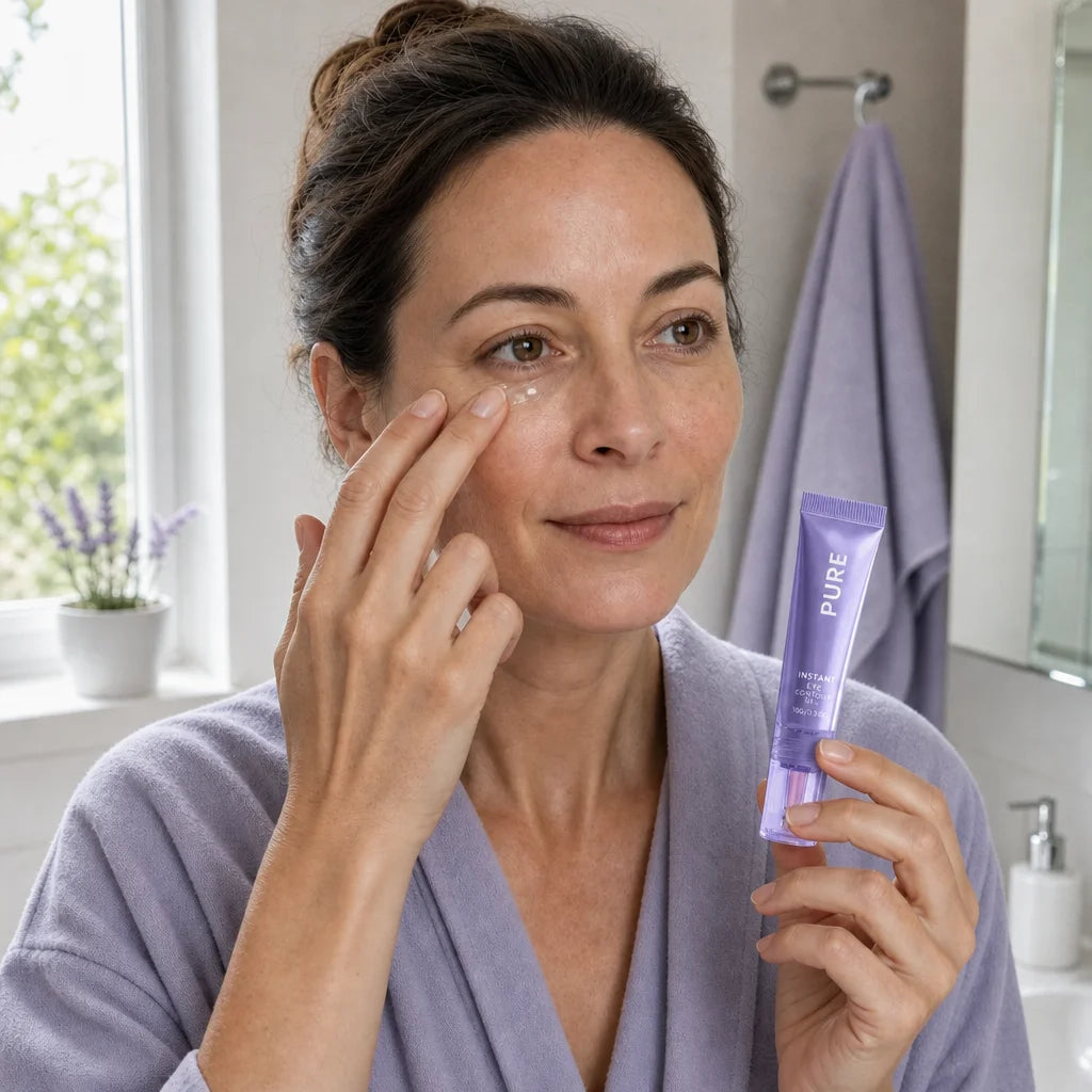 Freeze exactly one brief-defined skincare action in a square consumer-smartphone photograph: a woman