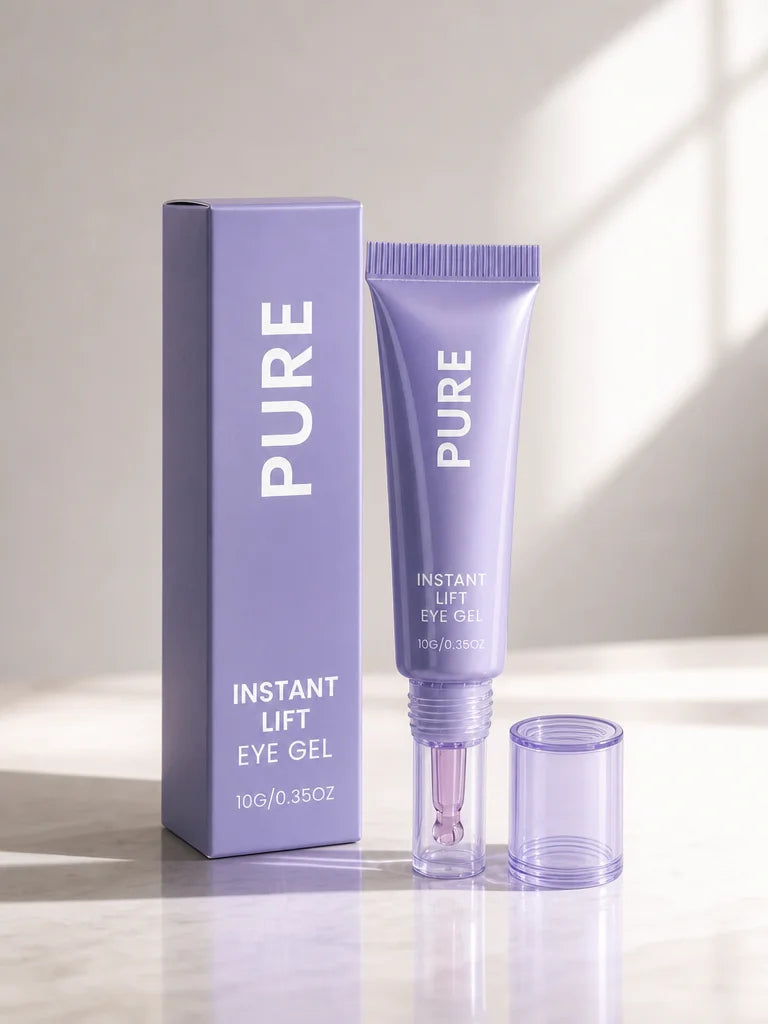 Product-proof photograph in a 3:4 frame showing the exact PURE packaging in an open-use state. Place
